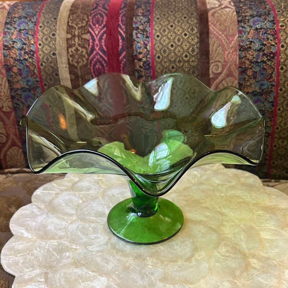 Handblown Green Glass Pedestal Compote Bowl MCM